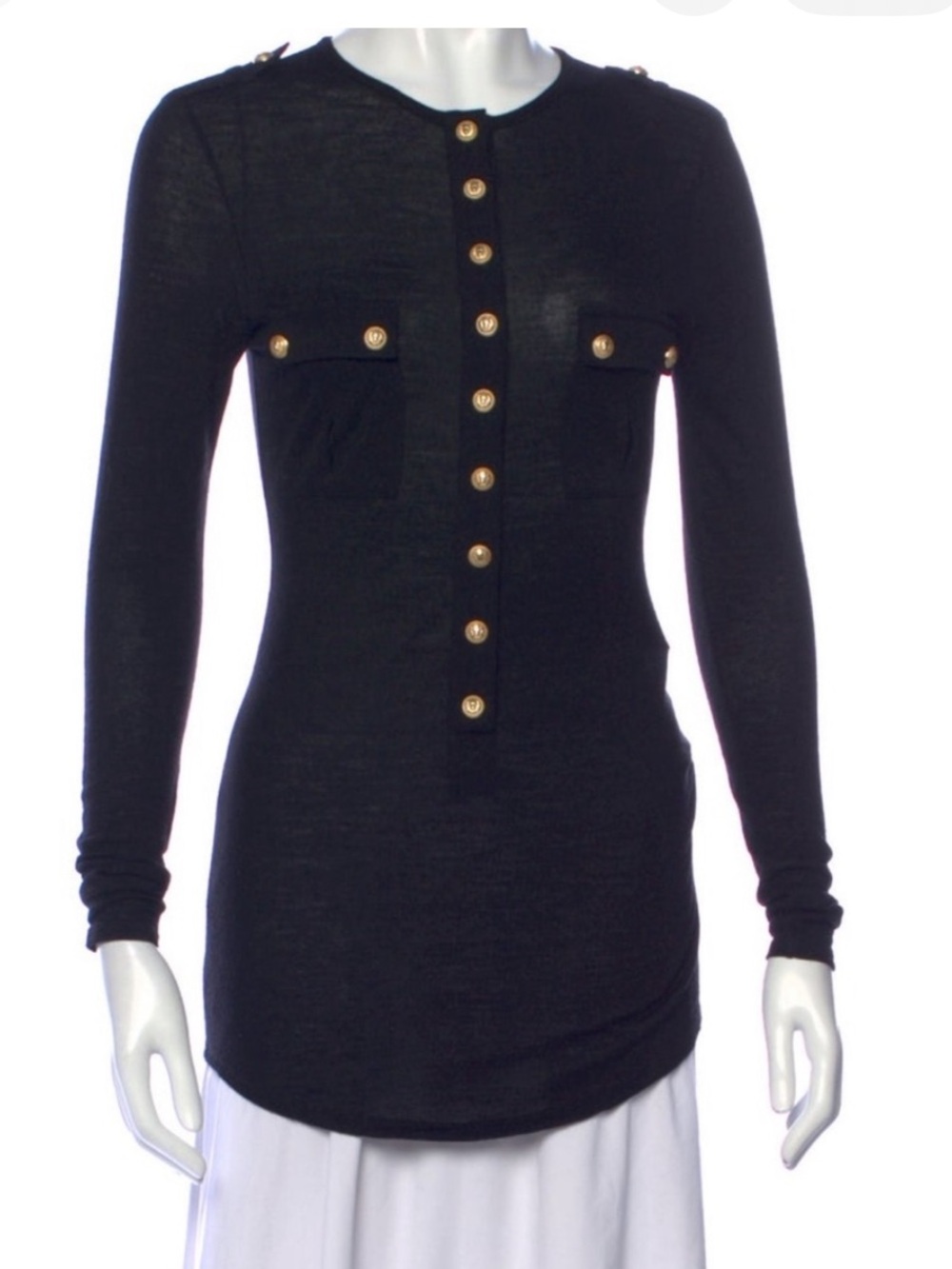 Authentic Balmain Black Long-Sleeve Knit Top with Gold Buttons